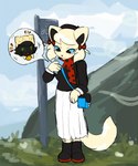 anthro black_body black_fur blue_sky boots bottomwear clothing detailed_background duo electronics female footwear fur grass male mountain outside phone plant scarf shoes skirt sky smile tan_body tan_fur bloowolfy mar_(bloowolfy) domestic_cat felid feline felis mammal 2023 hi_res