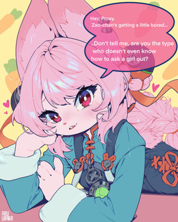 anthro asian_clothing blush blush_lines braided_hair clothing dialogue east_asian_clothing female flirting flirting_with_viewer fur hair heart_symbol kemono leaning_on_table looking_at_viewer pink_body pink_fur pink_hair red_eyes solo speech_bubble text young young_anthro young_female aruurara mihoyo zenless_zone_zero zhao_(zenless_zone_zero) lagomorph leporid mammal rabbit thiren english_text hi_res adult_(lore)