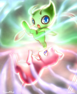 ambiguous_feral ambiguous_gender ambiguous_humanoid angry attack blue_eyes duo feral floating fur green_body green_fur pink_body pink_fur purple_eyes vermeilbird nintendo pokemon celebi generation_1_pokemon generation_2_pokemon humanoid legendary_pokemon mew_(pokemon) pokemon_(species) color_contrast
