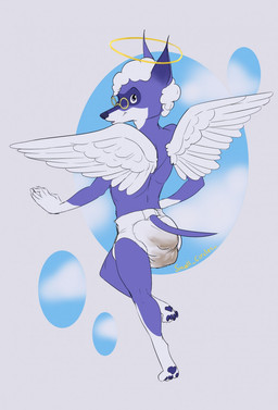 anthro biped clothing diaper eyewear feces fur glasses hair looking_back male scatplay simple_background soiled_diaper soiling solo unclean_diaper used_diaper wings smallcircles canid canine canis domestic_dog mammal character_request hi_res signature