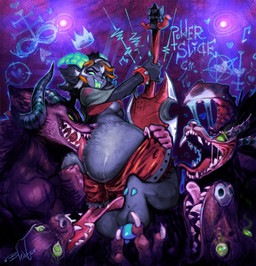 anthro big_butt black_hair bottomwear bottomwear_down bracelet breasts butt butt_lick clothed clothing crop_top crown curled_horn curved_horn dewclaw_hooves electric_guitar fangs female floating_crown forked_tongue fur glowing glowing_eyes grey_body grey_fur group guitar hair headgear highlights_(coloring) hooves horn huge_butt jewelry licking male musical_instrument open_mouth open_smile orange_highlights pants pants_down partially_clothed plucked_string_instrument shirt smile string_instrument studded_bracelet studded_jewelry studs teeth thick_thighs tongue topwear under_boob white_highlights wide_hips bleats demon dog_demon 2025 hi_res