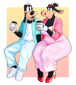 anthro beverage black_body breasts clothing coffee duo female footwear gloves handwear high_heels horn male male/female shoes smile thick_thighs wide_hips boolishclara disney clarabelle_cow goofy_(disney) bovid bovine canid canine canis cattle domestic_dog mammal hi_res