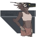 anthro athletic athletic_anthro body_hair bottomwear brown_body brown_fur bulge clothing countershading cybernetics fur gloves hair handwear long_hair machine male pose science_fiction shirt shorts solo tank_top topwear visor bullchicken liz_(nsfw) rnd-1471 protogen 1:1 hi_res