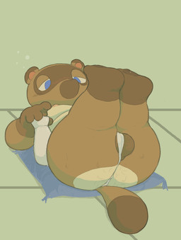 alcohol anthro asian_clothing balls beverage big_butt blue_eyes blush bodily_fluids body_hair bottle breasts brown_body brown_fur butt butt_hair clothing container cushion drunk east_asian_clothing fundoshi fur genitals half-closed_eyes japanese_clothing legs_up lying lying_on_ground lying_on_pillow male narrowed_eyes nipples on_back on_ground pawpads paws pillow sake sake_bottle shortstack shortstack_male simple_background solo substance_intoxication sweat sweaty_butt tail underwear cafongterua animal_crossing nintendo tom_nook_(animal_crossing) canid canine mammal raccoon_dog tanuki 2025 digital_media_(artwork)