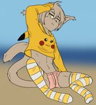 abs ambiguous_gender anthro belly bottomwear brown_body brown_fur cat_tail clothed clothing digitigrade femboy fur hair hand_on_head hoodie hotpants legwear long_ears long_tail looking_at_viewer male paws_in_socks pikachu_hoodie pink_clothing pouting pouting_lips pulling_hair shorts simple_background sitting solo stockings tail thigh_highs topwear touching_hair unimpressed yellow_clothing yellow_eyes yellow_hoodie yellow_topwear astrological_arcana nintendo pokemon twokinds keith_keiser basitin generation_1_pokemon humanoid mammal pikachu pokemon_(species)