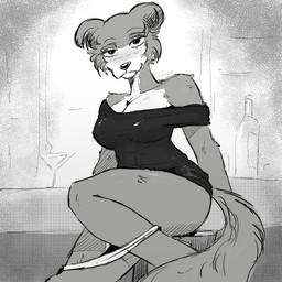 alcohol alcohol_bottle anthro bar bedroom_eyes beverage beverage_bottle big_breasts black_nose blush blush_lines bottle breasts cleavage clothed clothing container dress facial_tuft female looking_at_viewer manga_style narrowed_eyes off_shoulder panties panties_down pantsless partially_clothed seductive sitting solo tail thick_thighs tuft underwear underwear_down undressing foxtra oxtra beastars juno_(beastars) canid canine canis humanoid mammal wolf 1:1 hi_res monochrome