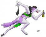 anthro biped black_hair black_pawpads blue_eyes bottomwear clothing fur green_bottomwear green_clothing green_topwear hair holding_object holding_telescope holding_weapon loincloth open_mouth pawpads purple_body purple_fur running side_view solo spyglass telescope topwear weapon white_body white_fur worried pez_wolf zan_aspera canid canine canis mammal wolf digital_media_(artwork) full-length_portrait portrait signature