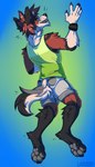 anthro bottomwear claws clothing furgonomic_bottomwear furgonomics looking_at_viewer looking_back looking_back_at_viewer male pawpads rear_view shorts sleeveless_shirt smile solo teeth toothy_grin kira_larsson canid canine mammal hi_res