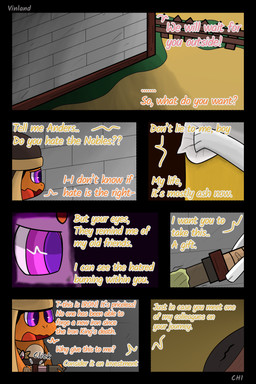 anthro badge book cloth dialogue fantasy freckled_face freckles melee_weapon semi-anthro speech_bubble sword text weapon vinland nintendo pokemon pokemon_mystery_dungeon spike_chunsoft anders_(infinitydoom) brixen_(vinland) braixen charmander generation_1_pokemon generation_6_pokemon pokemon_(species) 2:3 absurd_res comic english_text hi_res story