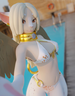 anthro bikini breasts clothed clothing dreadlocks ear_piercing feathered_wings feathers female hair navel piercing solo swimwear two-piece_swimsuit white_hair wings ashnar mythology opal_(ashnar) felid mammal mythological_creature mythological_sphinx 2017 3d_(artwork) digital_media_(artwork) hi_res