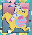 ambiguous_gender animal_skin anthro belly belly_markings horn markings red_eyes semi-anthro solo tail thick_tail vhs_filter yellow_body sundaysplayzone bandai_namco digimon hasbro digimon_(species) gabumon absurd_res hi_res
