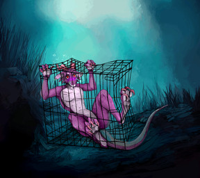 4_fingers 4_toes air_bubble anthro asphyxiation blush cage claws clothing curling_toes cyanosis detailed_background dog_cage drowning ear_piercing ear_ring ears_down feet fingers frill_(anatomy) gold_(metal) gold_jewelry horn imminent_death in_cage jewelry long_claws male multicolored_body notched_ear orange_claws orange_horn piercing pivoted_ears purple_body purple_scales red_eyes ring_piercing scales scar sea seabed seaweed solo toes two_tone_body underwear water wide_eyed jeffusherb fuzzysmore_(character) kobold scalie hi_res