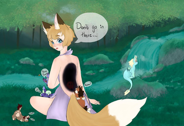 1_horn ambiguous_feral ambiguous_gender baby_talk backless_dress black_hair blonde_hair blue_body blue_eyes blue_fur blush body_horror brown_body brown_ears brown_fur brown_tail clothed clothed_female clothed_humanoid clothing dialogue dipstick_tail eyelashes female female_humanoid feral fur green_hair hair hole_(anatomy) horn light_body light_skin long_tail looking_at_another looking_back looking_back_at_another markings nature nature_background neonate open_mouth plant purple_body purple_eyes purple_fur river sitting size_difference spiral_horn spots tail tail_markings tail_tuft text tree tuft what white_spots white_tail_tip wings young young_ambiguous young_feral lemoncurds fluffy_pony mythology ambient_arthropod ambient_bee ambient_insect animal_humanoid canid canid_humanoid canine canine_humanoid equid equine fluffy_pony_(species) fox_humanoid humanoid jellenheimer mammal mammal_humanoid mythological_creature mythological_equine pegasus winged_unicorn 2021 digital_media_(artwork) english_text hi_res
