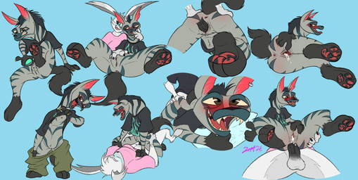 anal anal_penetration anthro anus balls black_clothing black_highlights black_penis black_shirt black_tail black_topwear blue_highlights blue_stripes bodily_fluids bottomless bottomwear claws clothed clothing cowgirl_position cum cum_in_vagina cum_inside doggystyle duo ear_piercing ear_ring facial_markings feet female female_penetrated flat_chested foot_focus from_behind_position from_front_position front_view fur genital_fluids genitals gloves_(marking) green_bottomwear green_clothing green_pants grey_body grey_fur grey_highlights head_markings highlights_(coloring) humanoid_genitalia humanoid_penis leg_markings long_ears long_neck male male/female male_penetrating male_penetrating_female mane markings mask_(marking) mohawk monotone_background mottled mottled_anus mottled_genitalia mottled_pawpads multiple_poses multiple_positions on_bottom on_top pants pawpads penetration penile penile_penetration penis penis_in_ass penis_in_vagina piercing pink_clothing pink_shirt pink_topwear pose pulling_down_pants rear_view ring_piercing sex sharp_teeth shaver shirt simple_background socks_(marking) spread_vulva spreading stand_and_carry_position standing standing_sex striped_body stripes tail teeth toothy_grin topwear vaginal vaginal_penetration vulva zephyr_lyall goat_(movie) sony_corporation sony_pictures hannah_(goat) raik_(zephyr_lyall) aardwolf hyena lagomorph leporid mammal rabbit absurd_res hi_res