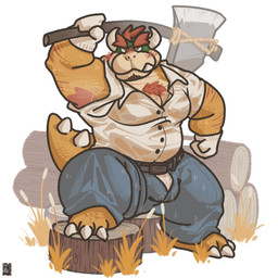 2_horns anthro axe belly bodily_fluids bottomwear bulge clothing horn kemono lumberjack male melee_weapon musclegut muscular overweight overweight_male pants shirt solo sweat topwear underwear weapon hakumimis mario_bros nintendo bowser koopa scalie 1:1 2021 hi_res