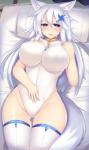 accessory bedroom_eyes big_breasts blue_eyes blush breasts clothing collar female fox_tail grey_hair hair hair_accessory half-closed_eyes huge_breasts legwear leotard long_hair lying monotone_clothing monotone_leotard narrowed_eyes nipples on_back open_mouth seductive solo thigh_highs tight_clothing white_hair ktn_kuta kutan mizuki_(kutan) animal_humanoid canid canid_humanoid canine canine_humanoid fox fox_humanoid humanoid mammal mammal_humanoid 2015 hi_res