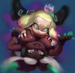beak big_breasts biped black_hair blonde_hair boots breast_grab breasts clothed clothing cross_pupils crown dark_body dark_skin duo electronics eye_markings facial_markings female female/female female_humanoid fingerless_(marking) fingerless_gloves footwear gloves green_body green_eyes green_hair green_skin grope hair hand_on_another's_breast hand_on_breast handwear head_markings headgear headphones interspecies jacket larger_female larger_sub light_body light_skin makeup markings mascara mask_(marking) mole_(marking) multicolored_body multicolored_hair multicolored_skin open_clothing open_jacket open_mouth open_smile open_topwear pale_skin pink_hair pink_pupils pseudo_hair pupils sharp_teeth shoes size_difference small_breasts smaller_female smile submissive symbol-shaped_pupils tan_body tan_skin teeth tentacle_hair tentacles topwear two_tone_body two_tone_skin unusual_pupils white_hair white_pupils yellow_eyes flo nintendo splatoon marina_(splatoon) off_the_hook_(splatoon) pearl_(splatoon) animal_humanoid aquatic aquatic_humanoid cephalopod cephalopod_humanoid humanoid inkling mollusk mollusk_humanoid octarian octoling 2020 digital_media_(artwork) digital_painting_(artwork) hi_res painting_(artwork)