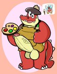 anthro balls big_penis clothing erection genitals hat headgear headwear male overweight overweight_male penis red_body simple_background solo denilsexo link's_awakening nintendo the_legend_of_zelda schule_donavitch crocodile crocodilian reptile scalie 2023