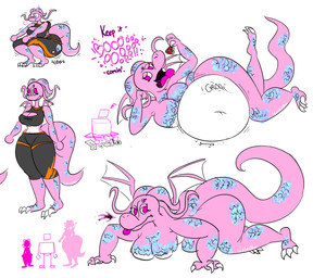 3_eyes anthro belly big_belly big_breasts black_clothing breasts clothing featureless_breasts feederism female huge_belly huge_hips huge_thighs multi_eye multiple_poses navel non-mammal_breasts non-mammal_navel overweight pink_body pose rumbling_stomach simple_background solo text thick_thighs white_background wide_hips blahblah866 mythology dragon mythological_creature mythological_scalie scalie 2021 absurd_res hi_res