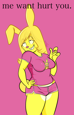 anthro anthrofied athletic_wear black_eyes blonde_hair bottomwear breasts clothing crossgender eyelashes female fur gym_bottomwear gym_shorts hair pose shorts solo text yellow_body yellow_fur nerdboner fan_character happy_bunny lagomorph leporid mammal rabbit english_text hi_res