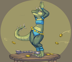 annoyed arm_warmers arms_above_head armwear belly_dancer blush chain claws clothing coin dancing digitigrade embarrassed female money red_eyes scales simple_background slave solo spikes stripper tipping translucent translucent_clothing wide_hips lonelyworld kobold scalie