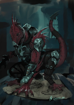 ambiguous_gender armor armwear clothed clothing fantasy frill_(anatomy) head_crest head_frill holding_object holding_weapon jewelry kneeling map red_body scales spikes spikes_(anatomy) weapon gaertan lizardman scalie hi_res