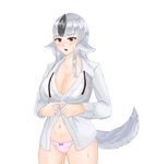 animal_ears animal_tail big_breasts black_highlights blush blush_lines bodily_fluids breasts caught cleavage clothed clothing dressing ears_down eyelashes female front_view fur grey_body grey_fur grey_hair hair highlights_(coloring) long_hair looking_at_viewer navel open_mouth panties pink_clothing pink_panties pink_underwear pivoted_ears red_eyes simple_background solo sweat sweatdrop tan_body tan_skin thick_thighs topwear underwear white_background white_clothing white_topwear wide_hips cat_neko_cat1 fire_emblem fire_emblem_fates nintendo velouria animal_humanoid canid canid_humanoid canine canine_humanoid humanoid mammal mammal_humanoid wolf_humanoid hi_res