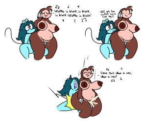 anthro balls big_balls big_breasts big_penis blue_body blue_hair bodily_fluids breasts brown_body brown_nipples claws cum cum_inside duo ejaculation female genital_fluids genitals gynomorph gynomorph/female hair intersex intersex/female long_hair musical_note musical_symbol nipples nude nude_female nude_gynomorph penis simple_background singing symbol tail text vulva white_background pants_juice mammal mouse murid murine pilosan rodent sloth xenarthran 4:3 english_text hi_res