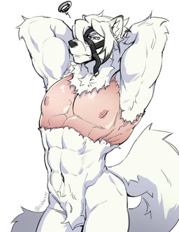 abs anthro biped black_hair black_nose front_view fur hair hand_behind_head male male_anthro messy_hair mouth_closed multicolored_hair muscular muscular_anthro muscular_male nipples nude pecs red_eyes shaved short_hair simple_background solo standing two_tone_hair white_background white_body white_fur white_hair cobu mihoyo zenless_zone_zero von_lycaon canid canine canis mammal thiren wolf hi_res portrait signature three-quarter_portrait
