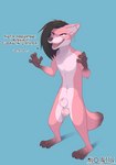 alternative_fashion animal_genitalia anthro balls bangs blue_background dialogue ear_piercing fully_sheathed fur genitals male nude piercing pink_body pink_fur punk sheath simple_background smile solo milo_nettle canid canine fox mammal cel_shading hi_res shaded