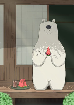 anthro biped black_nose detailed_background eyes_closed food fruit fur kemono melon outside paws plant solo watermelon watermelon_slice white_body white_fur panda_po bear mammal polar_bear ursine 2021