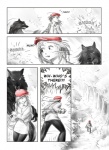 12-tf basket black_body black_fur canid canine canis clothing comic container dialogue english_text fairy_tales female forest fur hat headgear headwear human little_red_riding_hood little_red_riding_hood_(copyright) male mammal monochrome outside plant plantigrade red_clothing red_hat red_headwear text tree wolf