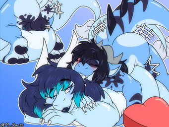 4_horns ambiguous_gender anal anal_penetration anthro anus balls big_butt bite blue_anus blue_body blue_eyes blue_hair blue_highlights blue_penis blush breasts butt cetacean_tail duo ear_bite from_behind_position genitals gynomorph hair highlights_(coloring) horn intersex intersex/intersex lips looking_pleasured multi_horn pawpads penetration penis relaxing sex spikes nanks_(artist) mythology dragerys_kholodno draigy_(character) manuella_nanks_(character) dragon mythological_creature mythological_scalie scalie 4:3 absurd_res hi_res