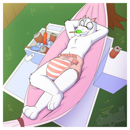 3_toes ambiguous_gender anthro bedding beverage_can big_diaper black_eyewear black_glasses blanket border clean_diaper clothed clothing cooler diaper diaper_only eyes_closed eyewear feet fence floppy_ears food fur glasses grass hammock hands_behind_head head_horn heart_symbol high-angle_view horn ice ice_cube lying navel on_back pink_horn plant popsicle popsicle_in_mouth round_glasses smile solo striped_diaper text toes topless tree wearing_diaper wearing_glasses white_body white_border white_fur wood wood_fence shadyadi deltarune undertale_(series) ralsei bovid caprine darkner goat mammal 1:1 2025 artist_name full-length_portrait hi_res portrait signature male_(lore)