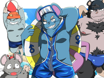 anthro ball blue_body bulge clothing cute_fangs fangs grey_body group hat headgear headwear kemono male overweight overweight_male smile swimwear teeth tongue tongue_out letter_route mammal murid murine rat rodent 2026 4:3 hi_res