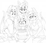 birthday birthday_cake cake clothing dessert family fangs female food group male teeth replica_(artist) hasbro my_little_pony fan_character nectarine_wynne nightseeker_(oc) nolegs_(oc) vigil_(oc) bat_pony equid mammal 2017 hi_res monochrome