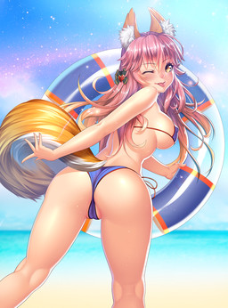 bikini blush breasts butt camel_toe clothing day female genitals hair looking_back nipple_outline obscured_inner_labia one_eye_closed outside pink_hair pool_float rear_view solo swimwear tongue tongue_out two-piece_swimsuit vulva water yellow_eyes lucknight fate_(series) type-moon caster_tamamo-no-mae animal_humanoid canid canid_humanoid canine canine_humanoid fox_humanoid humanoid mammal mammal_humanoid 2017 hi_res
