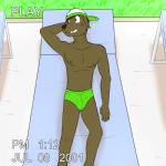 1:1 anthro beach bulge canid canine canis clothed clothing domestic_dog english_text fangs fuze grass green_clothing green_swimwear hat headgear headwear hi_res luis_(fuze) male mammal markings nipples outside plant pose sand seaside smile solo speedo swimwear teeth text topless