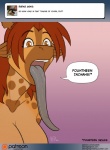 anthro ask_blog breasts cleavage clothed clothing conditional_dnp dialogue dialogue_box digital_media_(artwork) ear_piercing english_text female fur giraffe giraffid hair horn kadath long_tongue mammal measurements nude open_mouth ossicone patreon patreon_logo piercing puzzle_(kadath) red_hair solo speech_bubble teeth text tongue tongue_out url website_logo