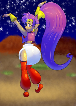 accessory bandeau bedlah big_diaper clothing dancing diaper ear_piercing ear_ring female forest forest_background gold_accessory grass hair hair_accessory hair_tie legwear motion_lines nature nature_background not_furry pantaloons piercing plant pointy_ears pointy_shoes ponytail purple_eyes purple_hair ring_piercing sky solo star starry_sky stockings topwear tree liljdude shantae_(series) wayforward shantae half_genie hi_res