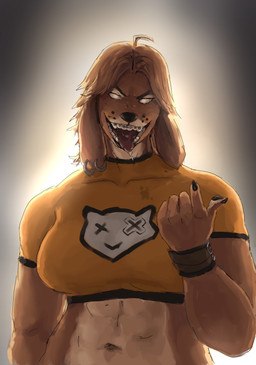 5_fingers abs ahoge anthro backlighting beckoning big_breasts black_claws black_lips bodily_fluids bracelet braces breasts broad_shoulders claws clothed clothing crop_top ear_piercing ear_ring empty_eyes female fingers floppy_ears fur gesture hair jewelry light lips looking_at_viewer midriff muscular muscular_female navel open_mouth open_smile pawpads piercing ring_piercing saliva saliva_on_tongue shirt simple_background smile solo tan_body tan_fur tan_hair thick_bottom_lip tongue tongue_out topwear redustheriotact buffy_(sumamiarts) canid canine canis domestic_dog mammal 2026 absurd_res hi_res lighting