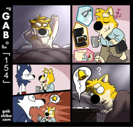 alarm alarm_clock bed beverage clock clothed clothing coffee confusion dialogue dream duo furniture lying male morning on_bed open_mouth question_mark red_clothing red_underwear solo topless under_covers underwear waking_up wide_eyed gabshiba gab_(comic) bau_husky gab_shiba canid canine canis domestic_dog husky mammal nordic_sled_dog shiba_inu spitz comic multiple_scenes pictographics