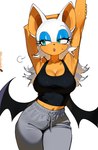 anthro bodily_fluids breasts cleavage clothed clothing eyeshadow female fur makeup navel simple_background solo sweat tan_body tan_skin white_body white_fur wings fruitcrunchi sega sonic_the_hedgehog_(series) rouge_the_bat bat mammal hi_res signature