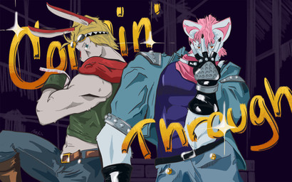 amber_eyes anthro azurelace belt blonde_hair blue_eyes bottomwear clothing crop_top cuff_(restraint) denim denim_bottomwear denim_clothing duo fingerless_gloves fur gloves hair handwear headgear jeans jojo_pose kerchief male metal_cuffs muscular muscular_anthro neckerchief neckwear pants pink_hair restraints scarf shirt sparkles text topwear battle_tendency jojo's_bizarre_adventure azure_(azurelace) ruby_(rubywolfe) canid canine fox lagomorph leporid mammal rabbit 16:10 artist_name colored digital_drawing_(artwork) digital_media_(artwork) draw_over english_text hi_res meme shaded signature widescreen