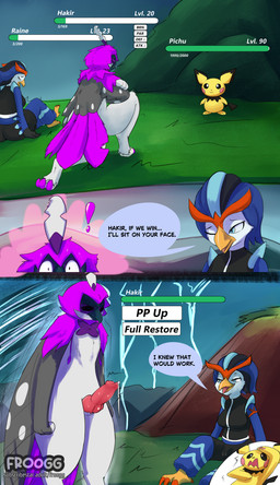 animal_genitalia animal_penis beaten_up canine_genitalia canine_penis cloaca dialogue erection female gameplay_mechanics genitals gui health_bar male penis scared smug_face text froogg nintendo pokemon fan_character hakir_the_decidueye decidueye generation_2_pokemon generation_7_pokemon generation_9_pokemon pichu pokemon_(species) quaquaval absurd_res comic english_text hi_res sequence