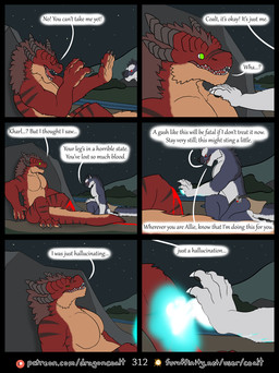 6_panel_comic against_natural_surface against_rock against_surface anthro barefoot black_horn black_stripes blood blood_on_ground blood_on_leg blue_glow bodily_fluids bottomwear brown_hair clothed clothing dialogue duo eyes_closed feet fur furaffinity_logo gem green_eyes grey_body grey_fur hair hand_on_shoulder healing_magic horn kneeling loincloth magic male name_in_dialogue night nude on_ground open_mouth outside page_number patreon_logo red_body red_eyes red_fur red_gem ring river scared sharp_teeth sitting sky speech_bubble star starry_sky stripes tail tan_body tan_fur teeth text topless rimentus furaffinity mythology patreon coalt kharl_(rimentus) canid canine canis dragon furred_dragon furred_scalie mammal mythological_creature mythological_scalie scalie wingless_dragon wolf comic english_text hi_res multiple_scenes url