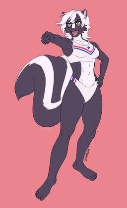 anthro clothing eyewear female gesture glasses hair hand_gesture hand_on_hip navel open_mouth pointing solo supermint mammal mephitid skunk