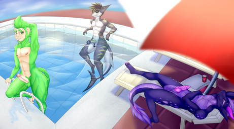 anthro balls erection fur genitals green_body green_fur grey_body group hurds loose_feather male male/male nipples nude penis poolside purple_body quill tail water kiunata mythology aquatic dragon fish haplorhine mammal monkey mythological_creature mythological_scalie primate scalie shark absurd_res hi_res