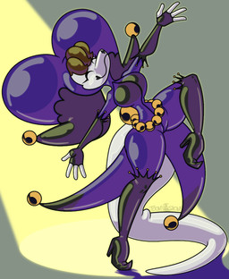 anthro bell bodysuit boots breasts clothing clown female footwear form_fitting high_heeled_boots high_heels jester jingle_bell pin-up_poster pose shoes skinsuit smile solo tail tight_clothing white_face toonvasion absurd_res hi_res