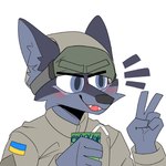 anthro army_uniform cheek_blush eyebrows_through_hat flag flag_print gesture grey_body hand_gesture male v_sign kaucus digital_drawing_(artwork) digital_media_(artwork)